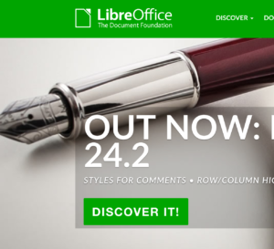 Libre Office website with announcement of version 24.2 and fountain pen as background